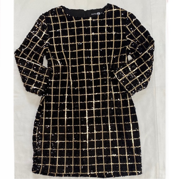Boohoo Sequin Grid Check Mini Dress Size 10 Black Gold - Picture 4 of 10